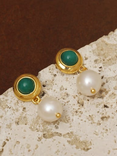 16K gold green Brass Imitation Pearl Geometric Vintage Drop Earring