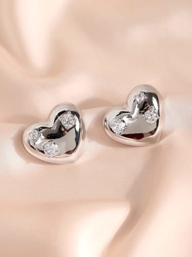 White K Brass Cubic Zirconia Heart Minimalist Stud Earring