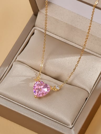 Gold X001 Brass Cubic Zirconia Pink Heart Dainty Necklace