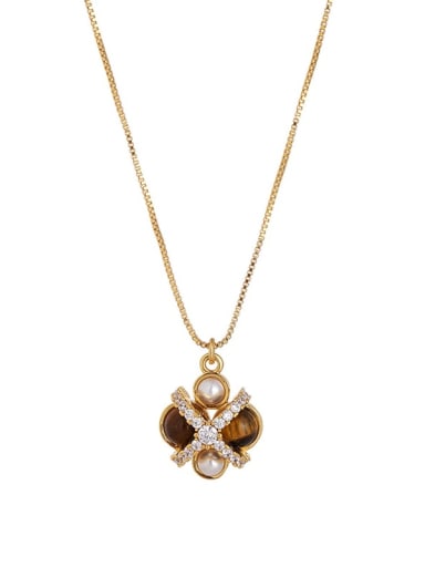 Brown Brass Imitation Pearl Flower Vintage Necklace