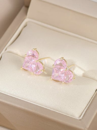 Gold Pink ED64710 Brass Cubic Zirconia Heart Dainty Stud Earring