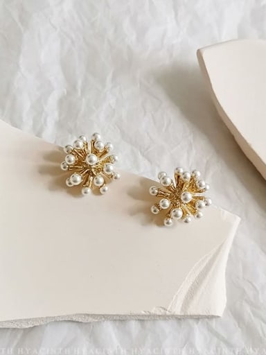 14K gold Copper Imitation Pearl Flower Ethnic Stud Trend Korean Fashion Earring