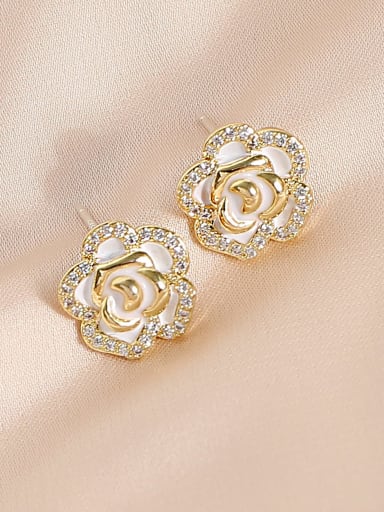14k Gold White Brass Cubic Zirconia Rosary  Flower Vintage Stud Earring