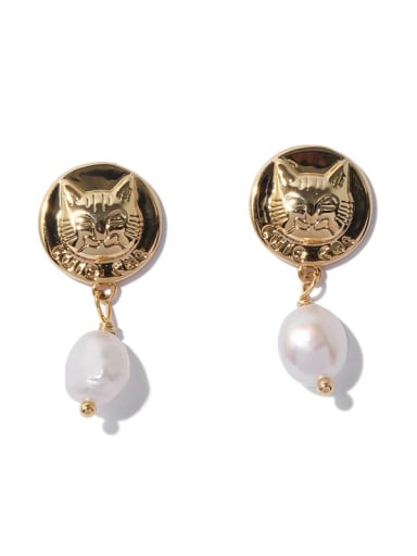 Brass Imitation Pearl Cat Cute Drop Earring