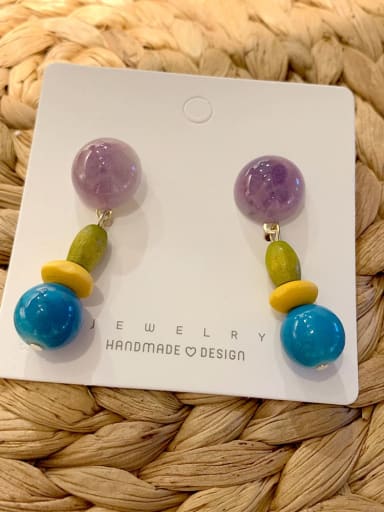 Purple 925 silver needle Alloy Resin Round Cute Contrast resin wood candy color Drop Earring/Multi-Color Optional