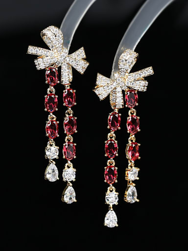 red Brass Cubic Zirconia Tassel Luxury Cluster Earring