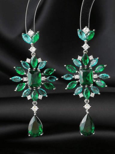 green Brass Cubic Zirconia Flower Water Drop Luxury  Long Cluster Earring
