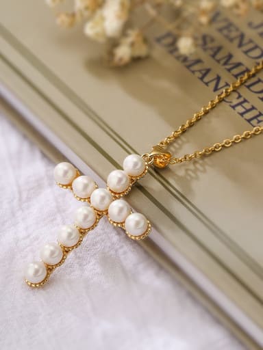23374 Brass Imitation Pearl Cross Trend Necklace