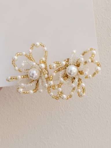 Brass Imitation Pearl Flower Statement Stud Earring