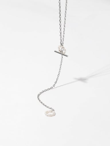 Brass Freshwater Pearl Geometric Minimalist Lariat Necklace