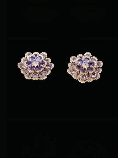 purple Brass Cubic Zirconia Flower Luxury Cluster Earring