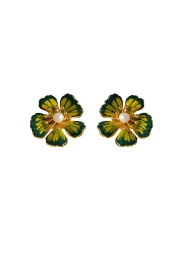 16K Golden Yellow+ Dark Green Brass Enamel Flower Minimalist Stud Earring