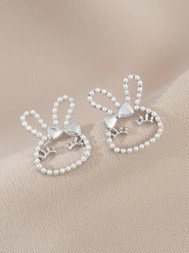 Silver ED66410 Brass Imitation Pearl Rabbit Cute Stud Earring