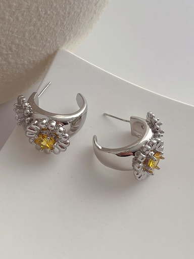 F307 platinum Flower C-shaped Earrings Brass Cubic Zirconia C Shape  Flower Hip Hop Stud Earring