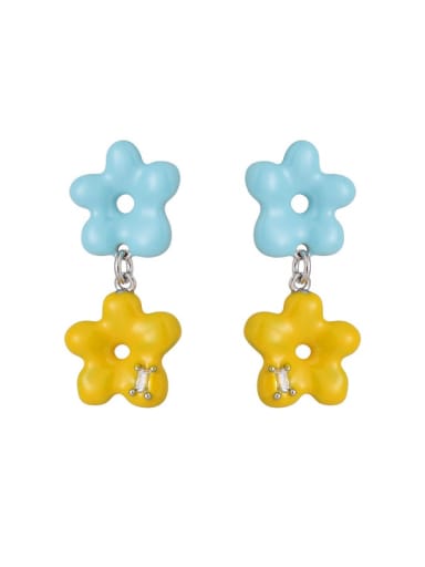 Yellow +blue flowers Brass Enamel Flower Minimalist Drop Earring