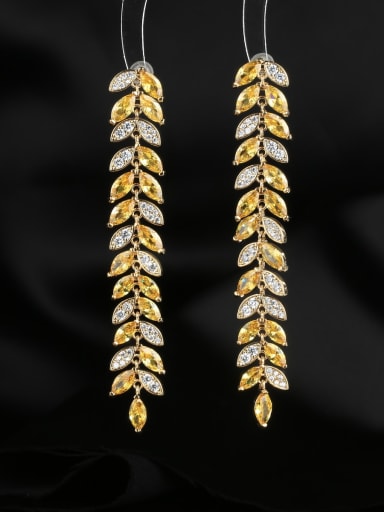 yellow Brass Cubic Zirconia Leaf Luxury Cluster Earring