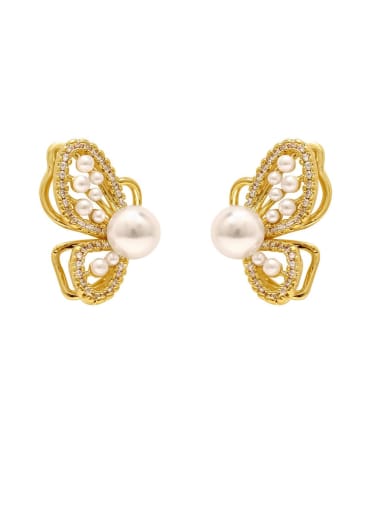 Brass Imitation Pearl Butterfly Trend Stud Earring