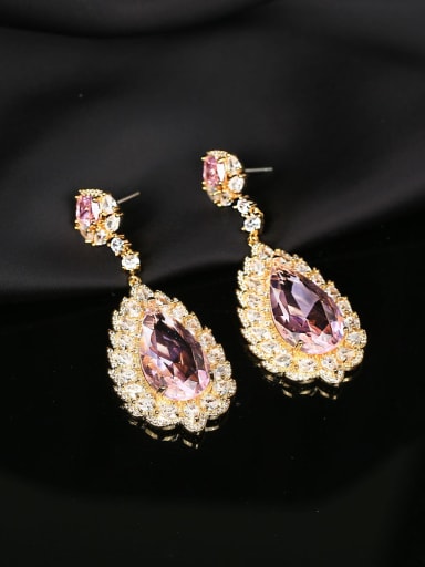Pink Brass Cubic Zirconia Water Drop Luxury Cluster Earring