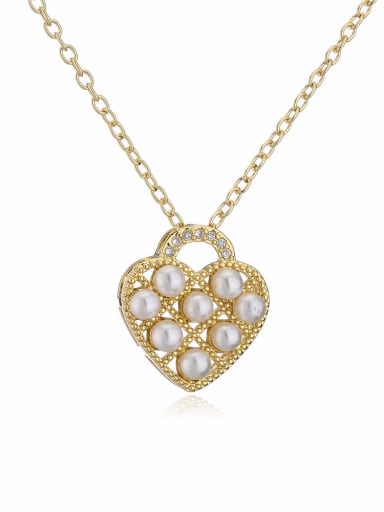21910 Brass Imitation Pearl Heart Vintage Necklace
