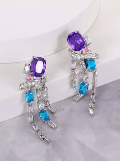 purple blue Brass Cubic Zirconia Geometric Tassel Luxury Cluster Earring