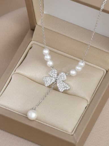 Steel color XL62421 Brass Cubic Zirconia Bowknot Dainty Necklace