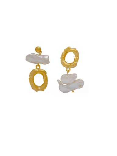 Matte Gold Brass Freshwater Pearl Asymmetrical  Geometric Vintage Drop Earring
