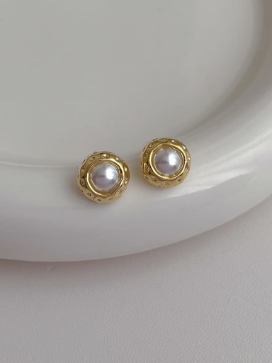Round wrapped pearl earrings Brass Freshwater Pearl Geometric Minimalist Stud Earring