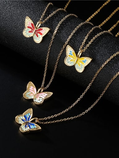 Brass Rhinestone Enamel Butterfly Pendant Necklace