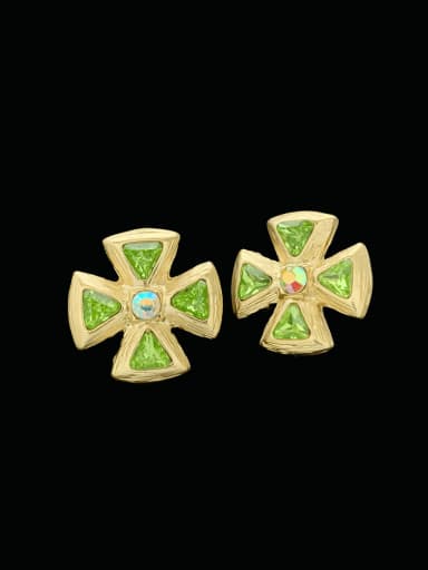 Brass Glass Stone Cross Vintage Stud Earring