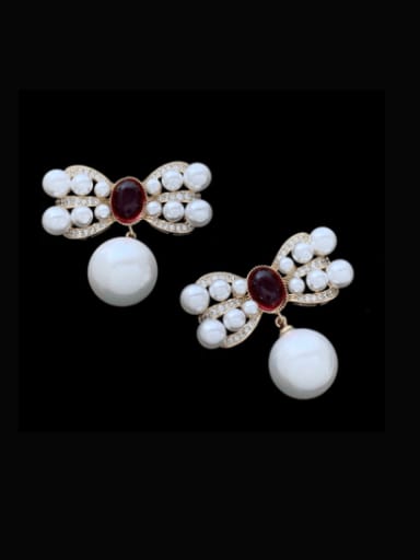 red Brass Imitation Pearl Bowknot Vintage Drop Earring
