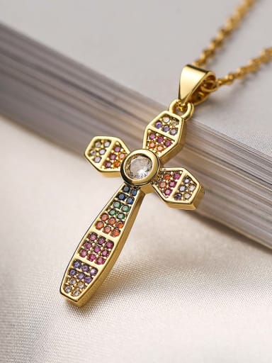 22962 Brass Cubic Zirconia Cross Vintage Regligious Necklace