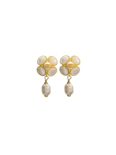 Brass Freshwater Pearl Flower Dainty Stud Earring