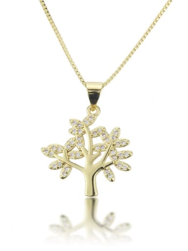 Brass Cubic Zirconia Tree Leaf Pendant  Necklace