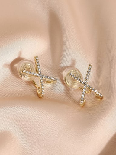 14k Gold [ ear clip] Brass Cubic Zirconia Cross Minimalist Clip Earring