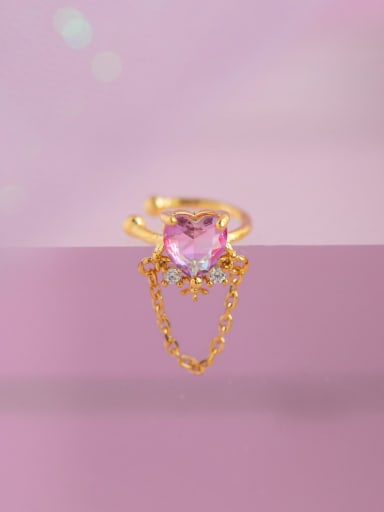golden Brass Cubic Zirconia Heart Cute Chain Clip Earring