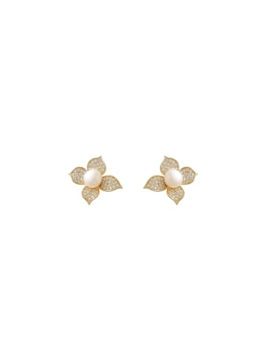 Brass Cubic Zirconia Flower Dainty Stud Earring