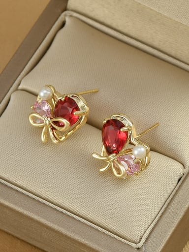 Golden Red ED65544 Brass Cubic Zirconia Heart Dainty Stud Earring