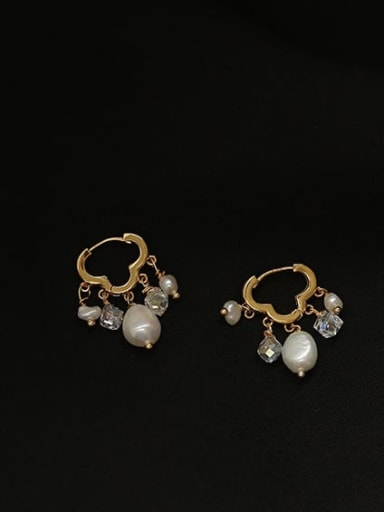 Brass Freshwater Pearl Geometric Minimalist Huggie Earring