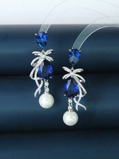 blue Brass Cubic Zirconia Flower Luxury Cluster Earring