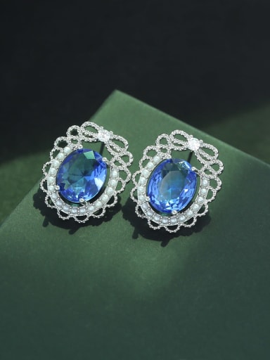 blue Brass Cubic Zirconia Oval Luxury Cluster Earring