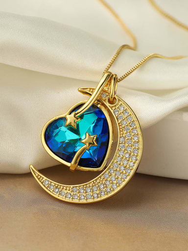 23296 Brass Cubic Zirconia Moon Heart Vintage Necklace