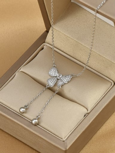 Steel color XL62416 Brass Cubic Zirconia Bowknot Dainty Necklace
