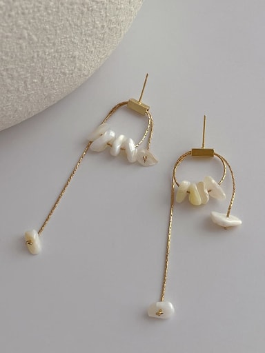 Brass Freshwater Pearl Geometric Minimalist Threader Earring