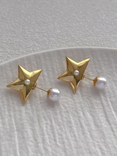 Brass Imitation Pearl Pentagram Minimalist Stud Earring