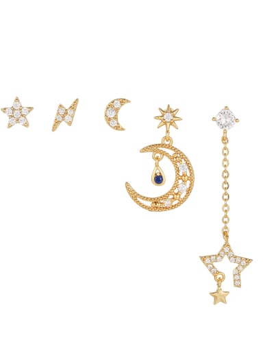 Brass Cubic Zirconia Moon Star Tassel Trend Stud Earring