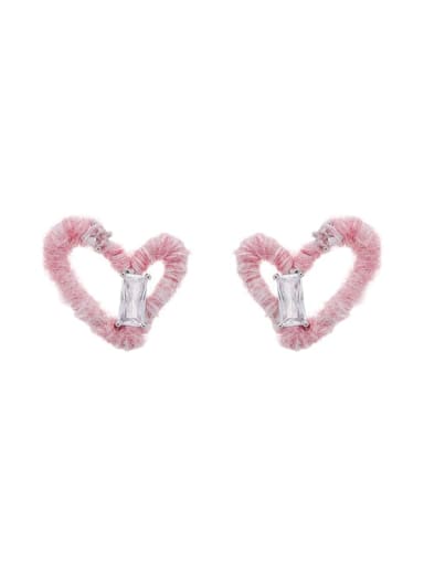 Pink yarn Brass Heart Minimalist Stud Earring