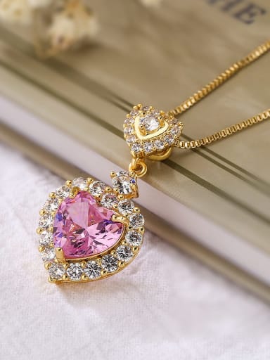 23355 Brass Cubic Zirconia Pink Heart Dainty Necklace