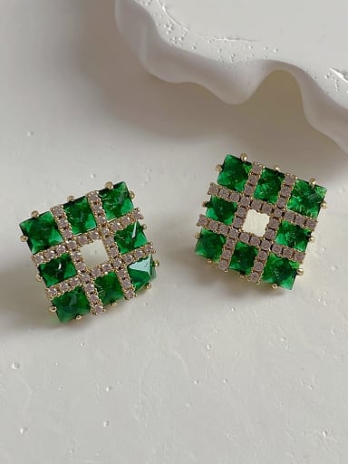 Brass Cubic Zirconia Green Geometric Dainty Stud Earring