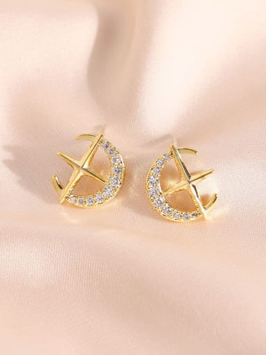14k Gold Brass Cubic Zirconia Cross Minimalist Stud Earring