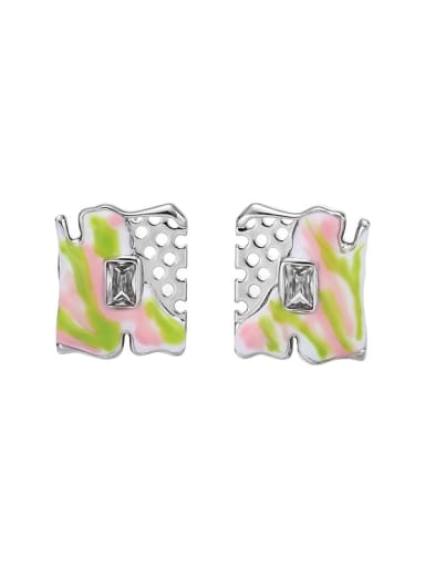 Pink Green Mix Brass Cubic Zirconia Enamel Geometric Trend Stud Earring